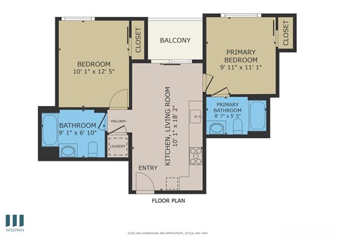 A floor plan of a home with a bedroom, bathroom, laundry, and kitchen.
